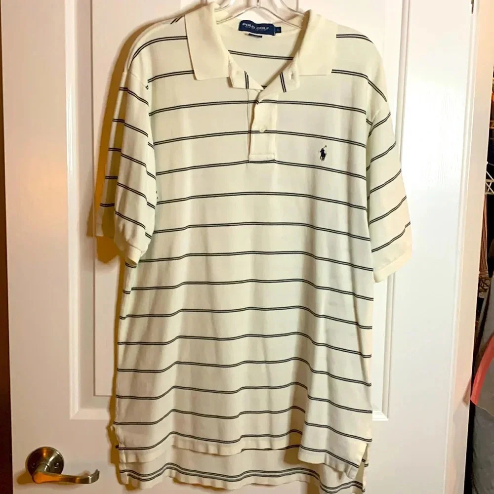 Perfect condition mens Polo Golf Ralph Lauren white with navy blue striped sz L